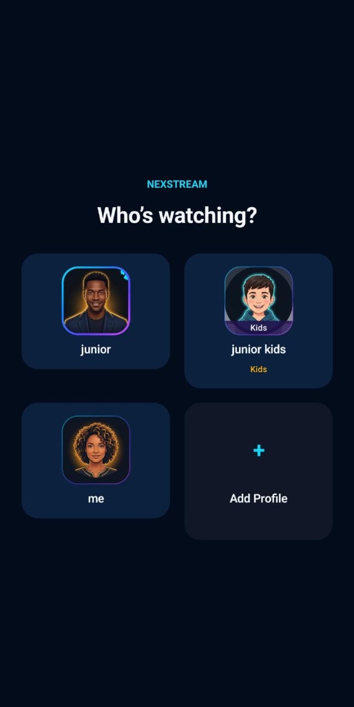NexStream mobile profile selection screen Who's Watching with junior, junior kids, and me profiles